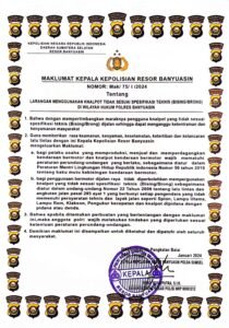 Kapolres Banyuasin Keluarkan Maklumat Tentang Larangan Penggunaan Knalpot Tidak Sesuai dengan Spesifikasi Teknis ( brong/bising )diwilayah hukum polres Banyuasin.