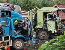 Dua Truk Beradu Kambing di Jalintim Palembang–Betung KM 56, Lubuk Lancang. Arus Lalu Lintas Sempat Macet 